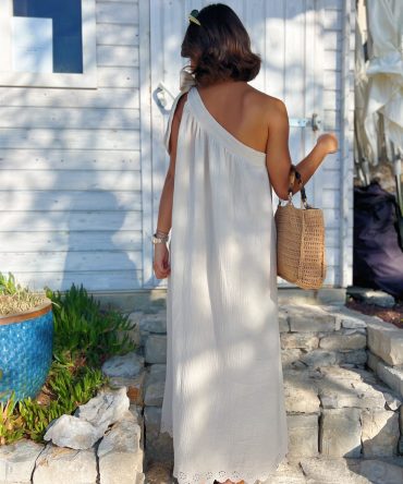 Robe ONE SHOULDER en gaze de coton beige